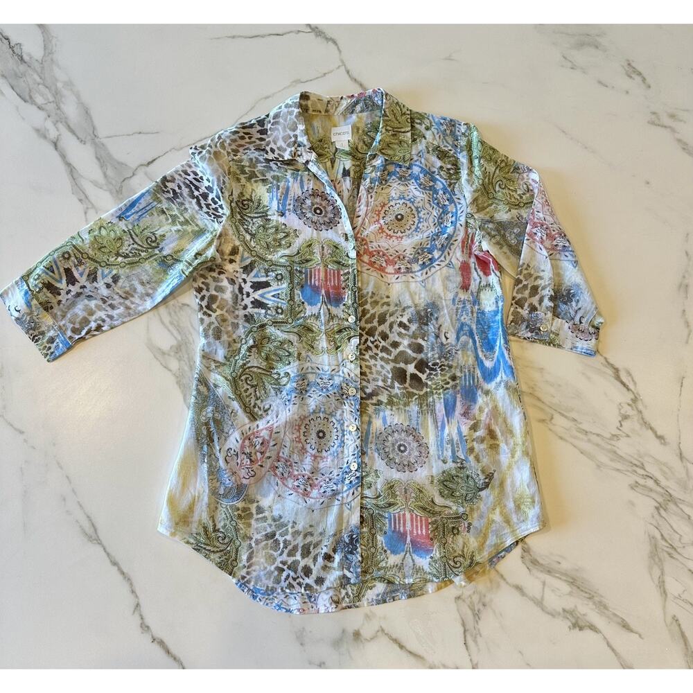 Chicos Women's Size 1 Linen Top Multi colored 3/4 Sleeve Button Down Tunic